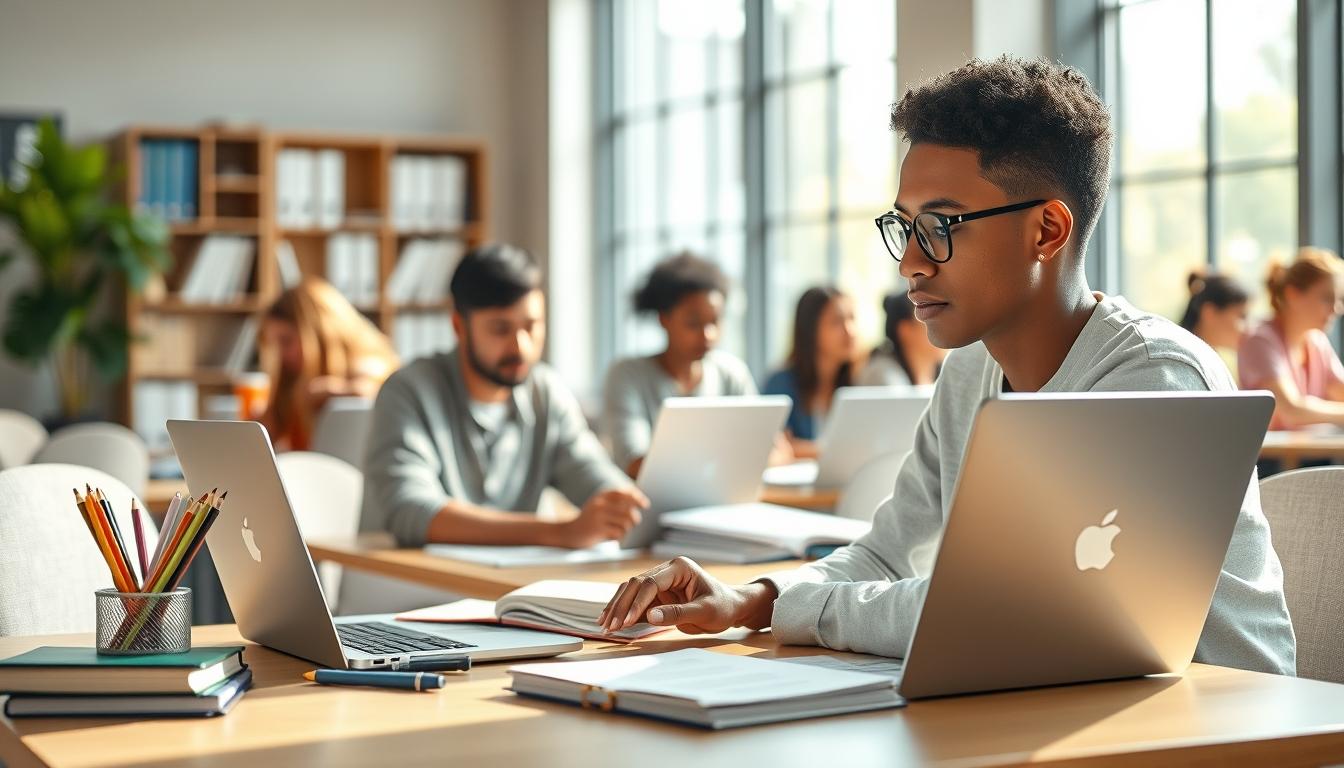 Students studying together in modern classroom